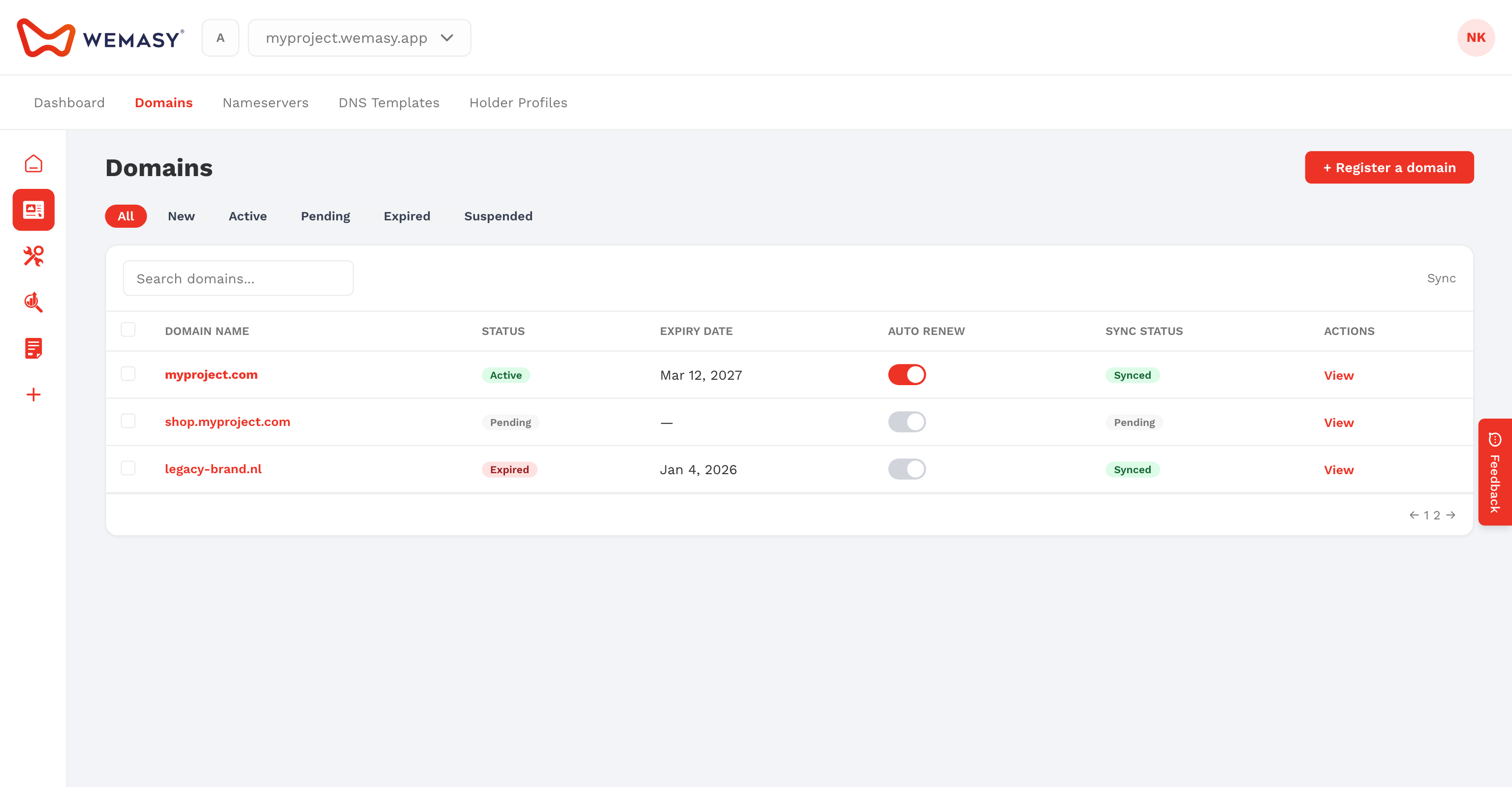 Registro de dominios: lista de dominios