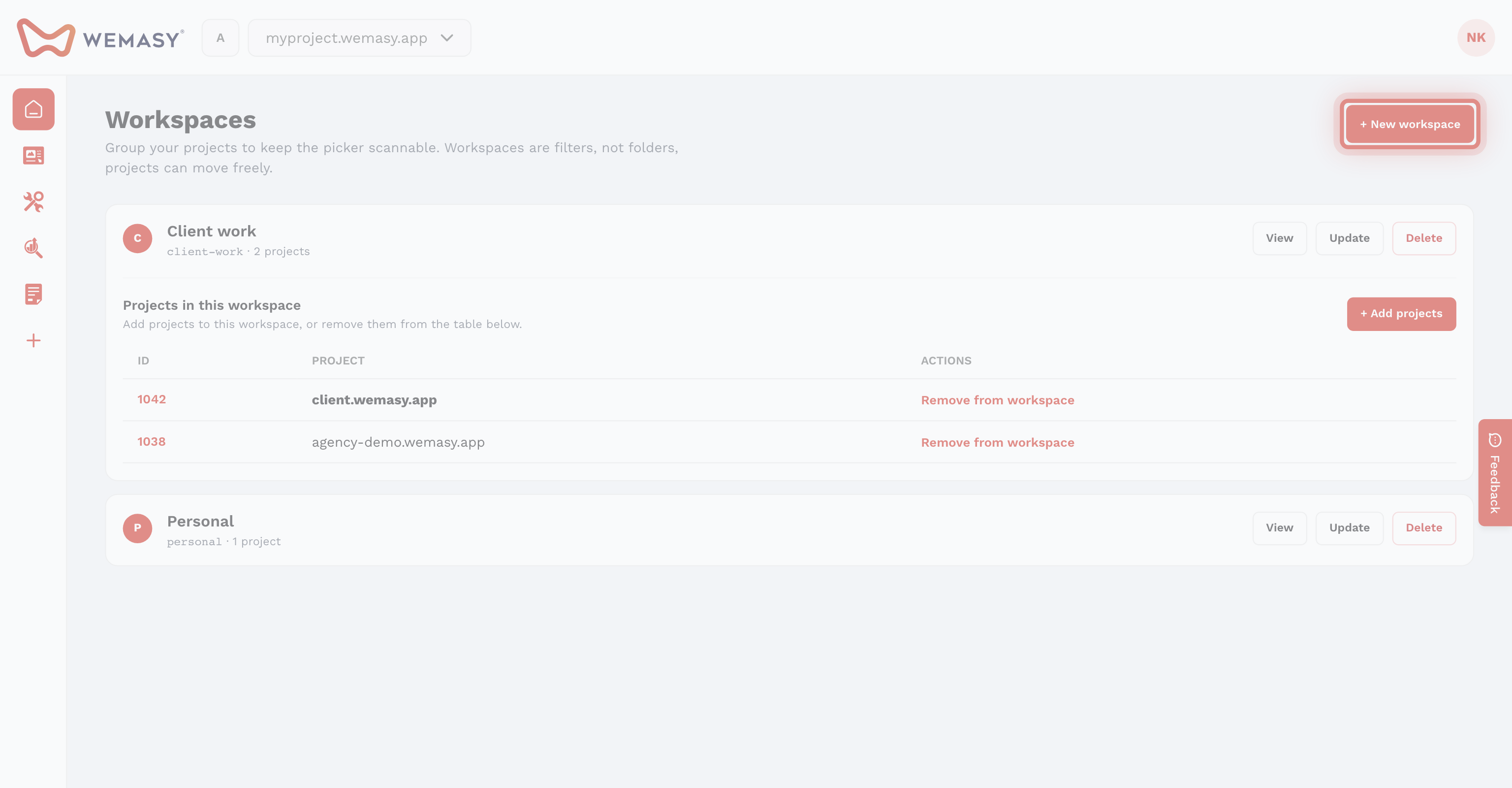 La pantalla de espacios de trabajo de WEMASY con el botón para crear un espacio de trabajo nuevo