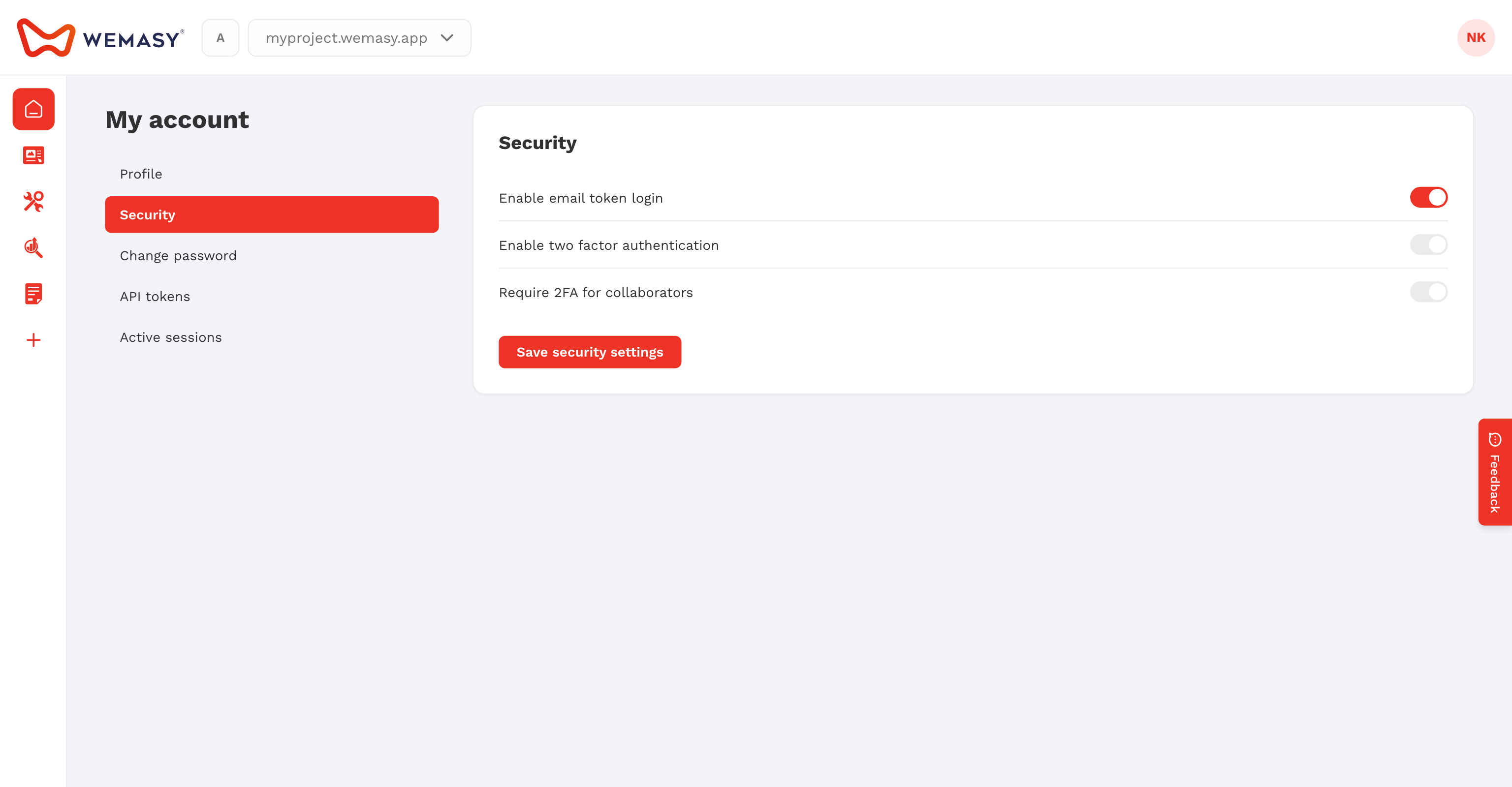 La pantalla de ajustes de seguridad de la cuenta de WEMASY
