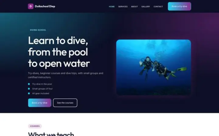Ejemplo del tema Duikschool Diep para escuela de buceo
