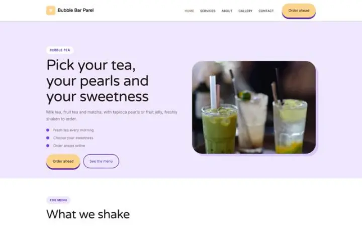 Ejemplo del tema Bubble Bar Parel para tienda de bubble tea